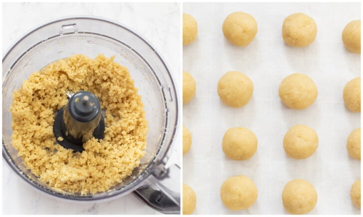 Almond flour, honey, lemon juice and zest mixed in a food processor and rolled into balls