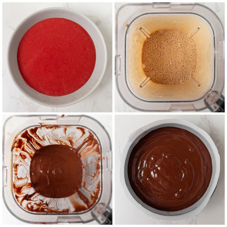Ingredients blended in a blender and in a cake pan