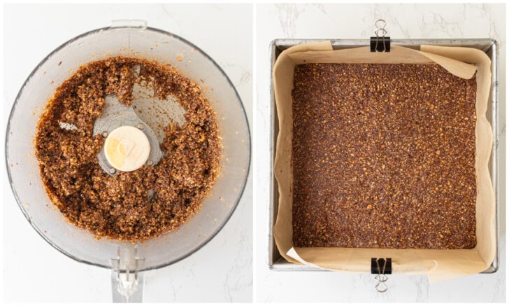 Pecan pie ingredients blended in a food processor and spread in a square baking pan
