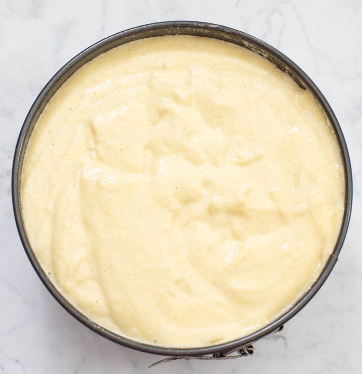 Cake batter in a springform pan