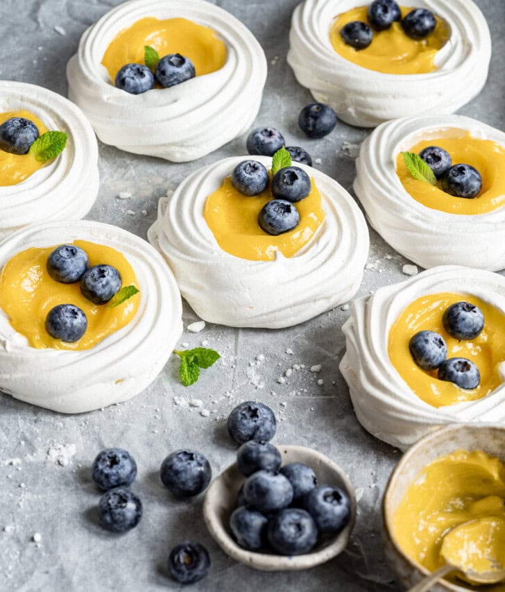 Lemon Pavlova with fresh blueberries in the middle