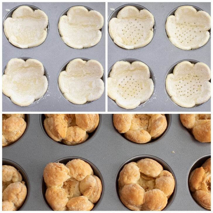 Puff pastry cut into flower shapes and baked in a muffin pan