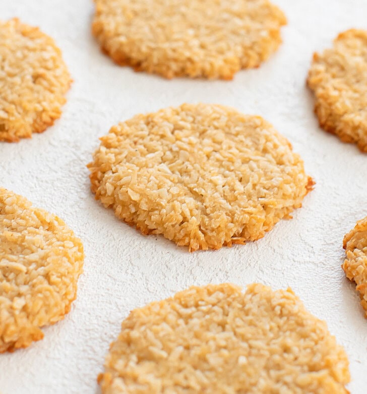 Golden brown coconut cookies after baking