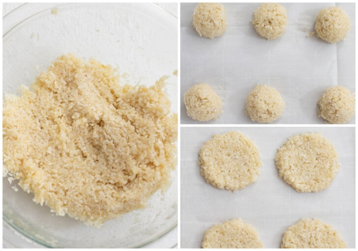 Cookie dough in a glass bowl, rolled into balls and then flattened