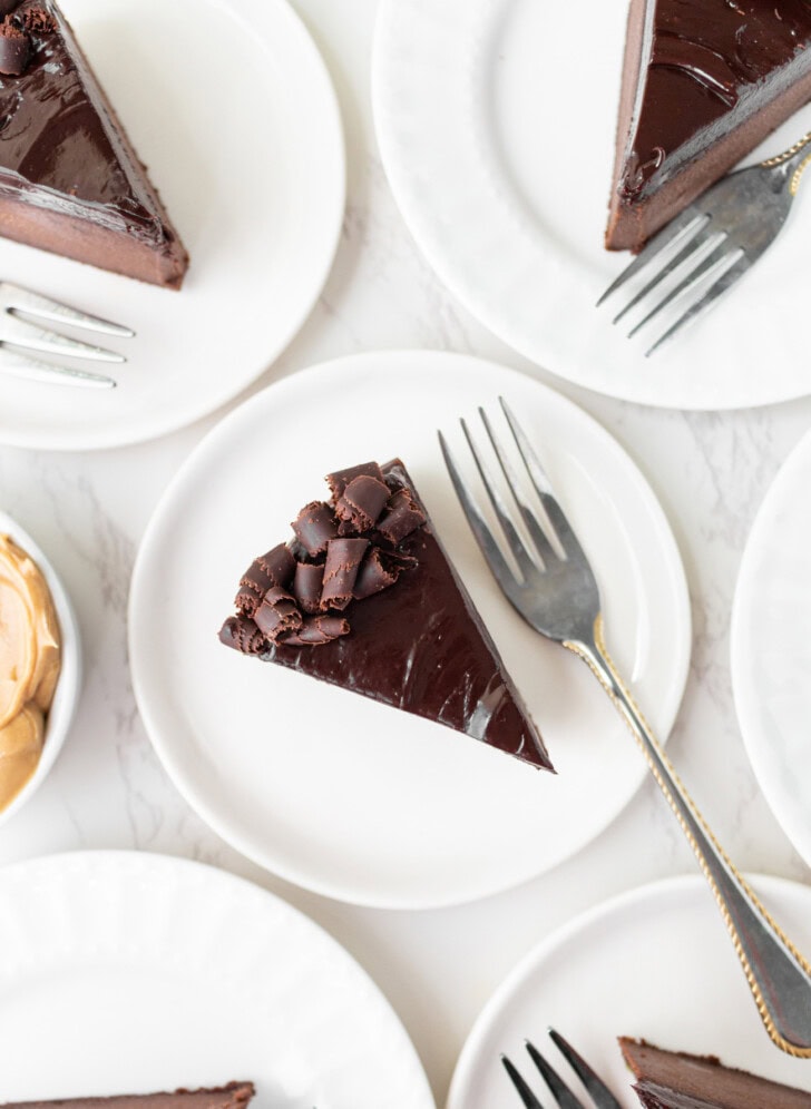 Chocolate cake with chocolate frosting and chocolate curls on top