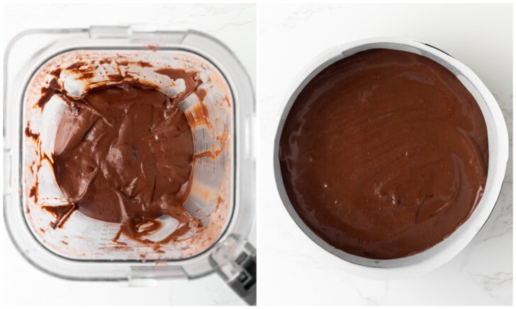 Ingredients mixed in a blender and batter in a cake pan
