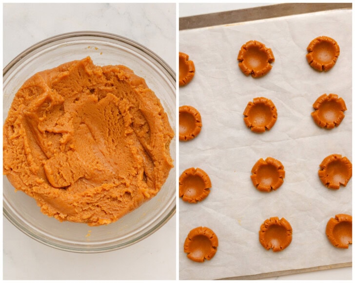 Peanut butter, allulose and egg mixed in a bowl and shaped into cookies on a baking sheet