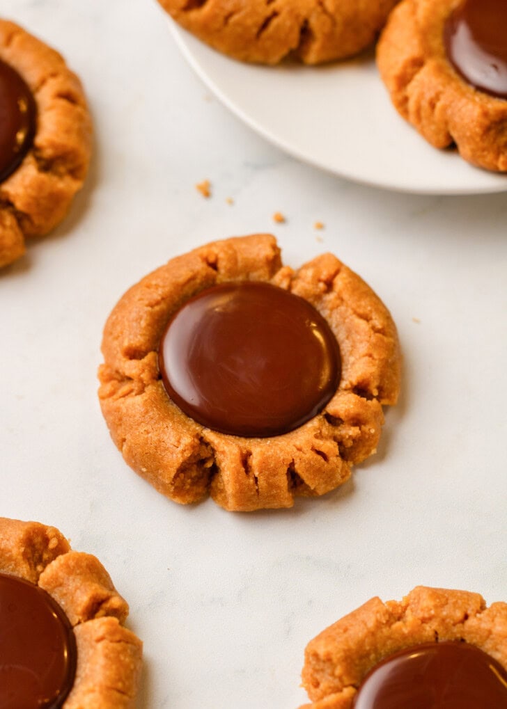 Peanut Butter Blossom Cookies with a melted dark chocolate center
