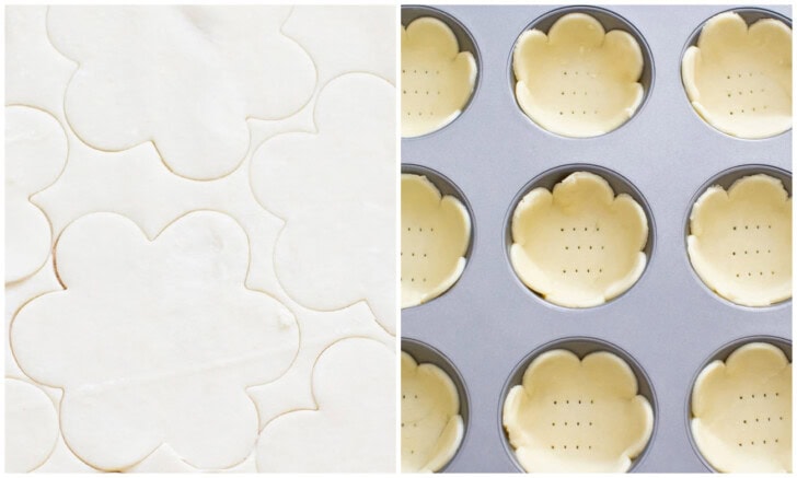Pie crust cut into flowers with a cookie cutter and placed in a muffin pan