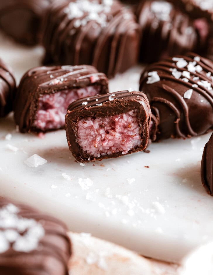 A Strawberry Coconut Bite cut in half