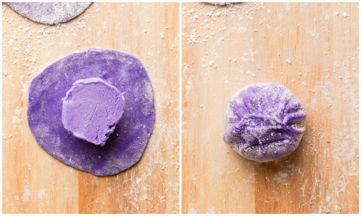 Rolling mochi dough over ice cream