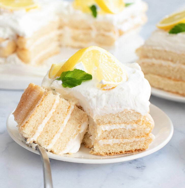 A bite of cake on a fork taken from a slice