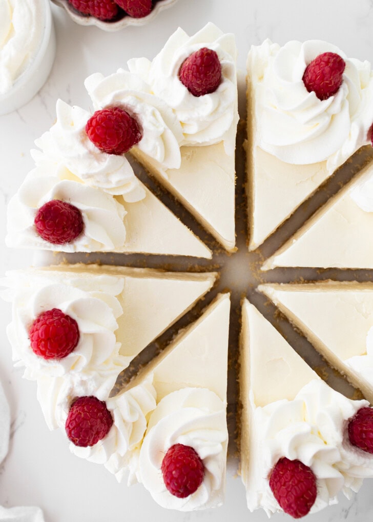 A cheesecake cut into eight slices
