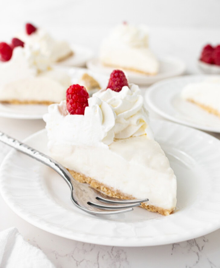 A slice of yogurt cheesecake on a plate with a fork