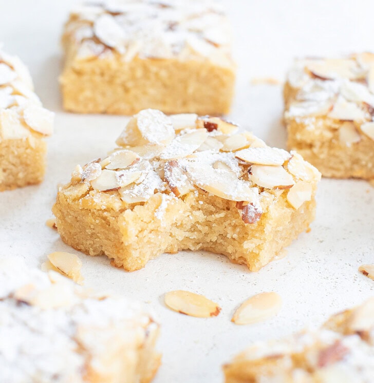 A bite taken from an almond bar