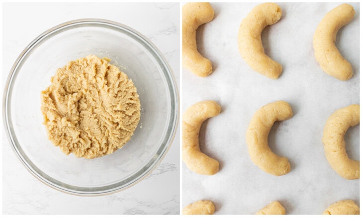 Cookie dough in a glass bowl and shaped into a crescent/croissant shape