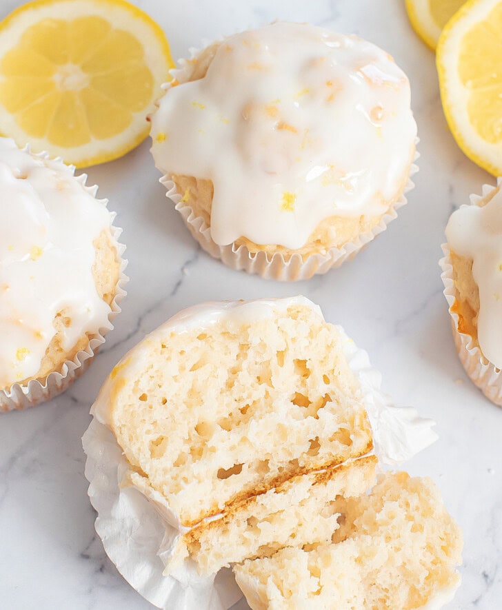 A lemon muffin cut in half