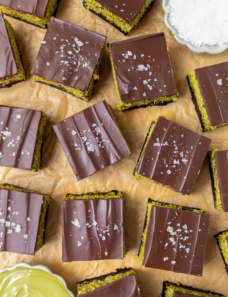 Dubai chocolate brownies with salt sprinkled on top