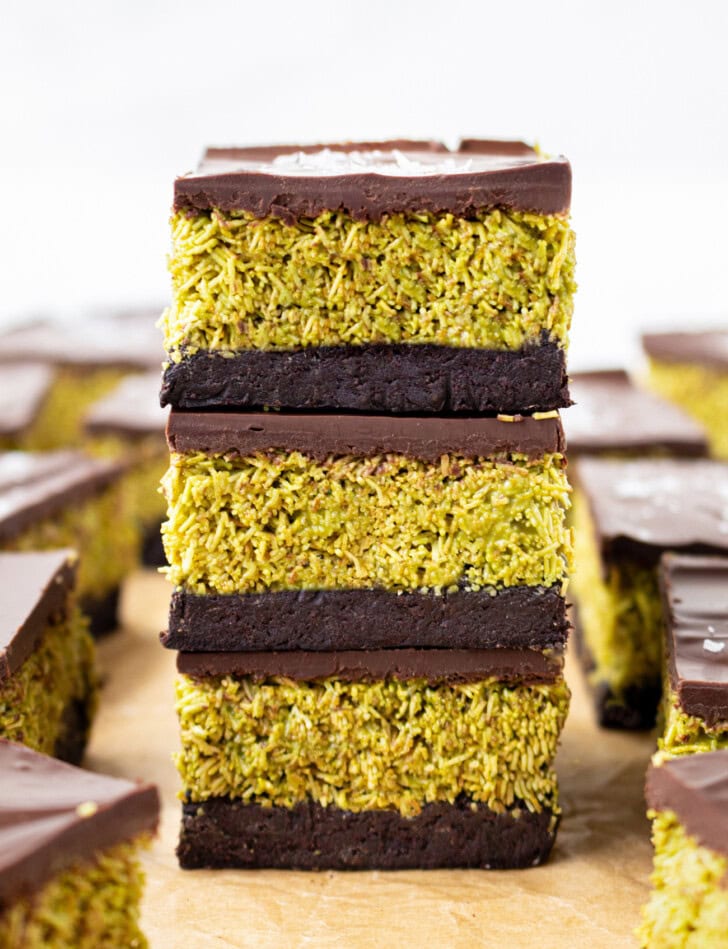 A stack of three Dubai chocolate brownies