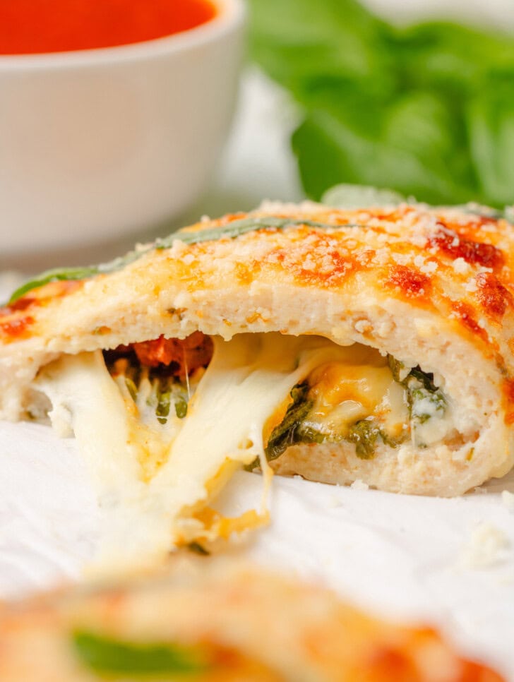 A calzone cut in half