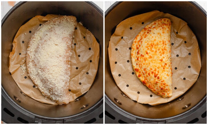 A calzone in an air fryer before and after baking