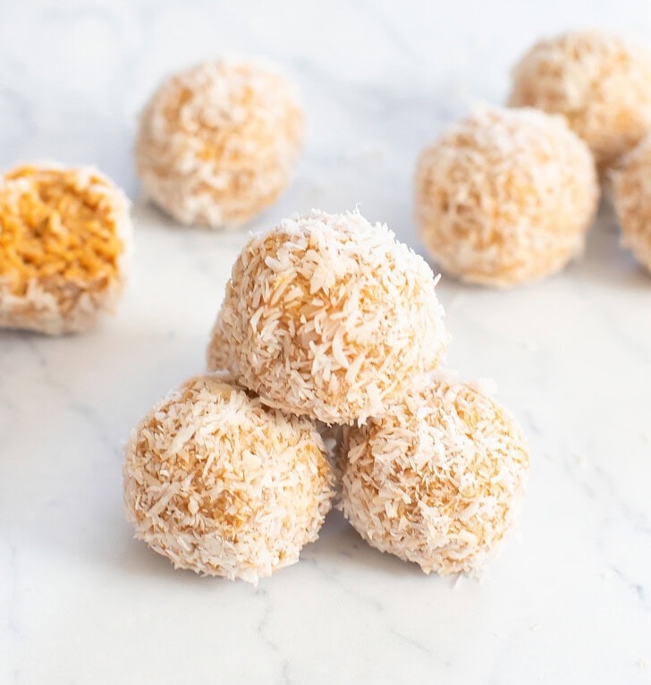 Mango bites rolled in shredded coconut