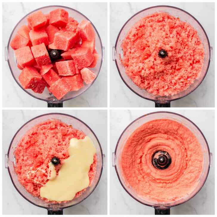 The steps to make watermelon ice cream in a food processor