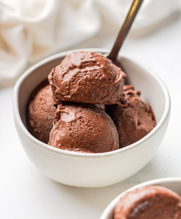 A bowl with scoops of chocolate ice cream