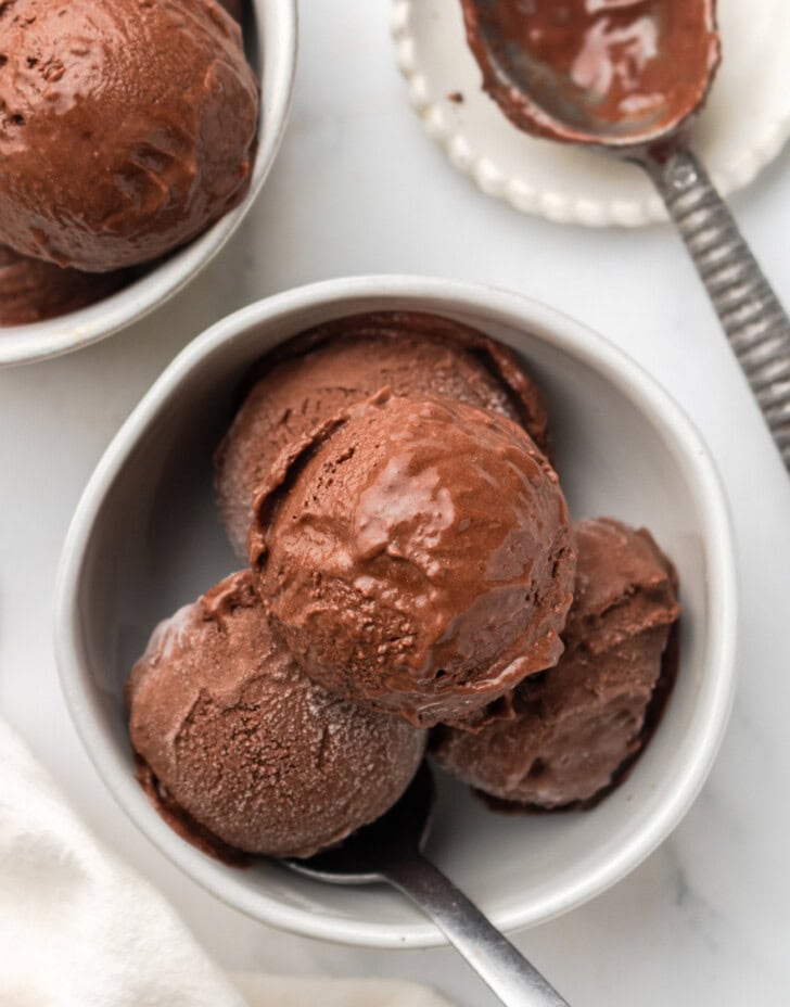 Scoops of chocolate ice cream in a dish