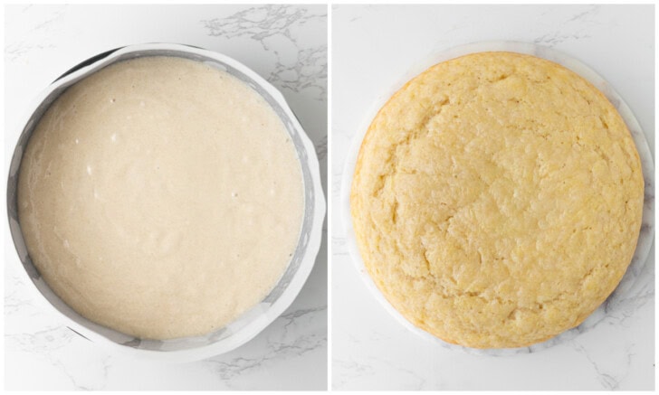 Cake batter in a cake pan and the cake after baking