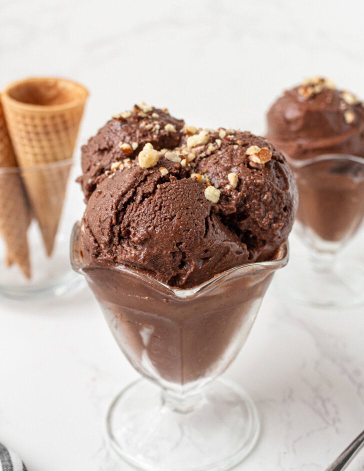 Scoops of chocolate ice cream in a sundae glass
