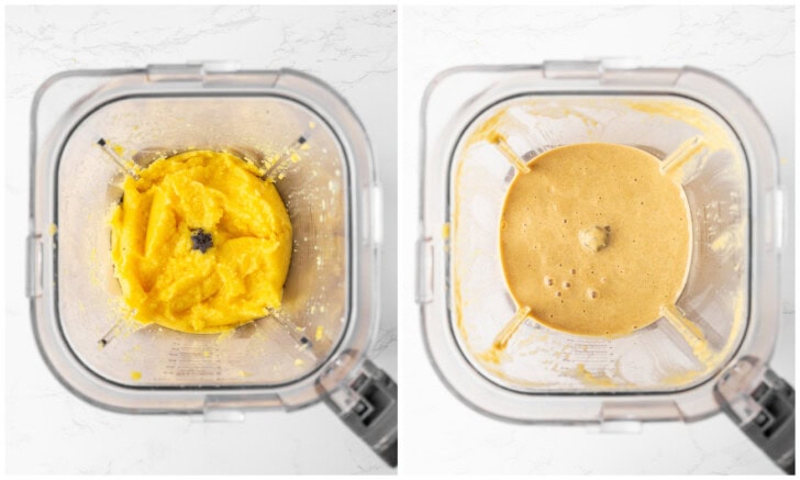 Mango flesh blended in a high powered blender until smooth and then blended with eggs and coconut sugar until smooth