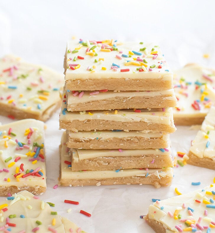 A stack of sugar cookie bark pieces