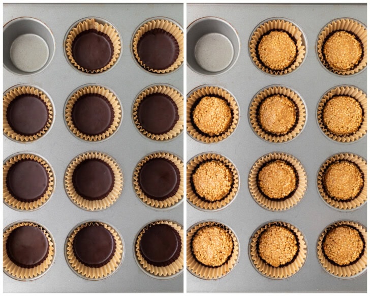 The steps to make chocolate peanut butter cups in a muffin pan