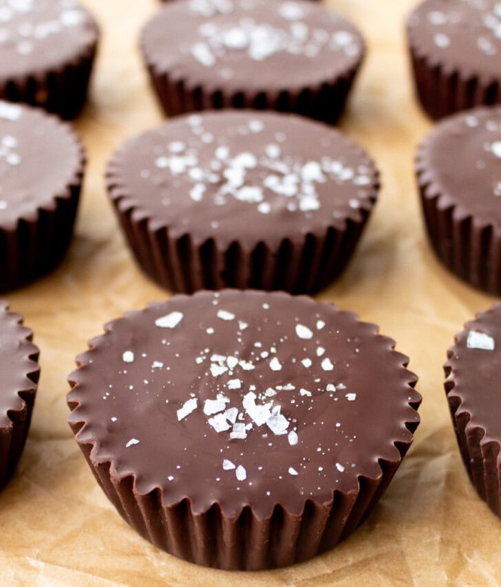 Chocolate peanut butter cups with coarse salt sprinkled on top