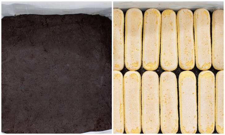 The steps to layer a pan for tiramisu brownies