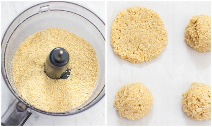 Cashews blended in a food processor to small crumbs and then shaped into cookies