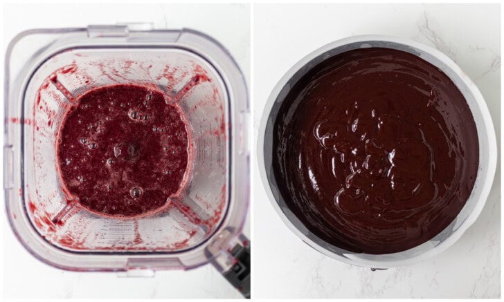 Cherries blended in a blender and cake batter in a cake pan