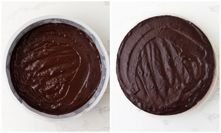 Cake batter in a cake pan and after baking