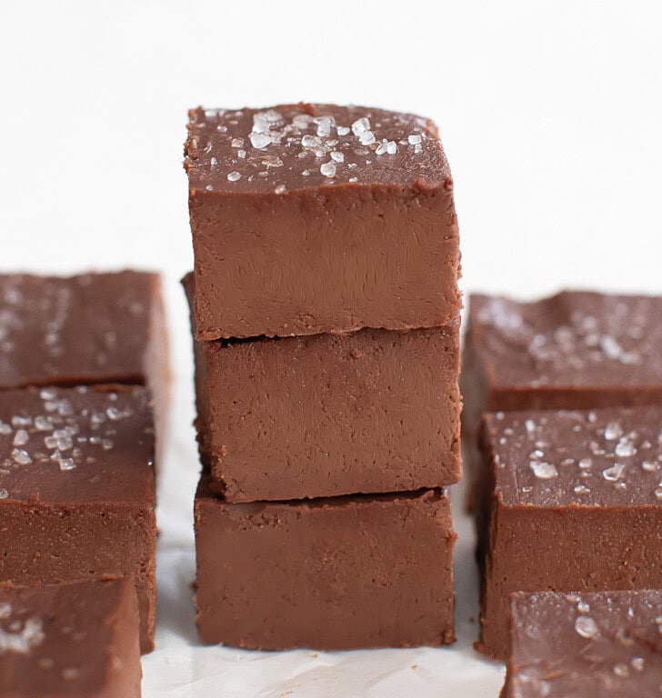 A stack of three fudge pieces