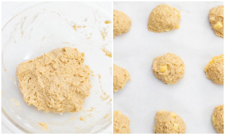 Cookie dough in a bowl and then shaped with a 1.5 tablespoon cookie scoop