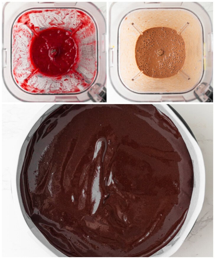 Ingredients blended in a blender and cake batter poured into a cake pan
