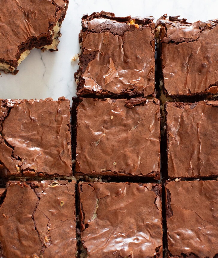 A batch of brownies cut into squares