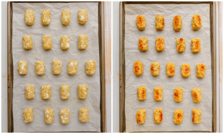 Tots on a baking sheet before and after baking