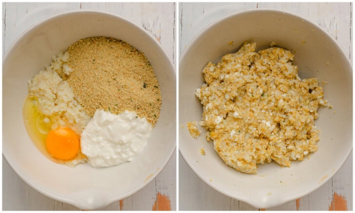 Ingredients to make the mixture for cottage cheese tots in a bowl and then mixed together