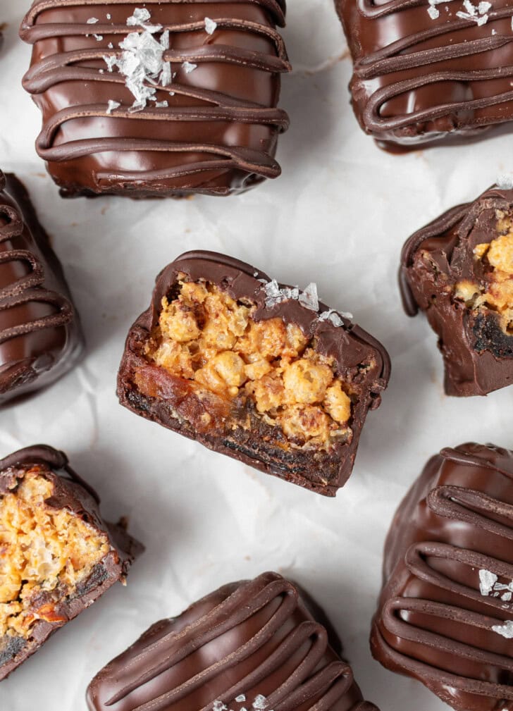 Chocolate candy bars with some cut in half