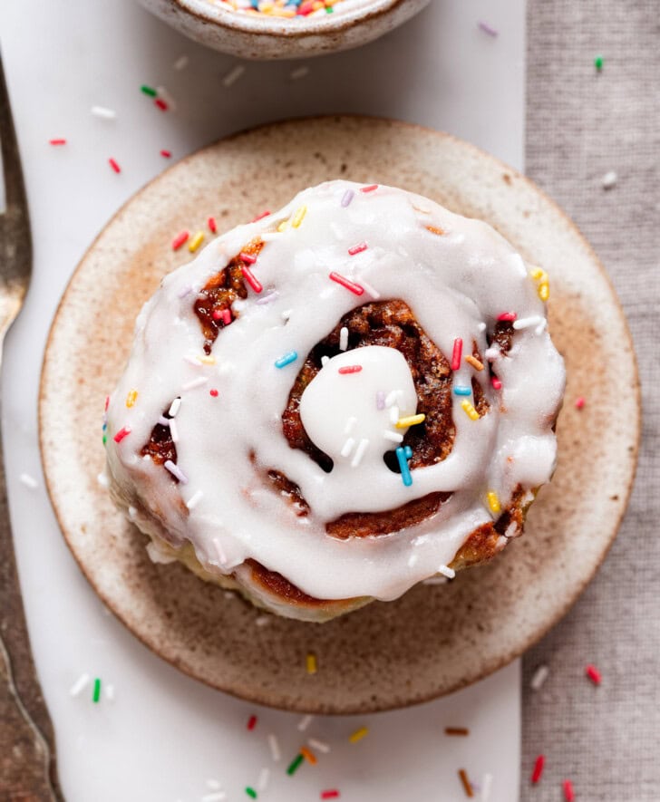 A cinnamon roll with a cinnamon sugar butter filling, icing and jimmies on top