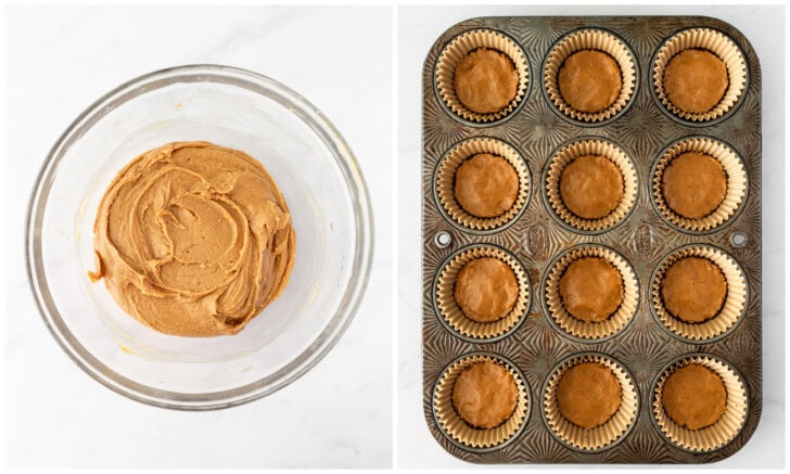 Peanut butter cup filling in a glass bowl and then in muffin liners in a muffin pan