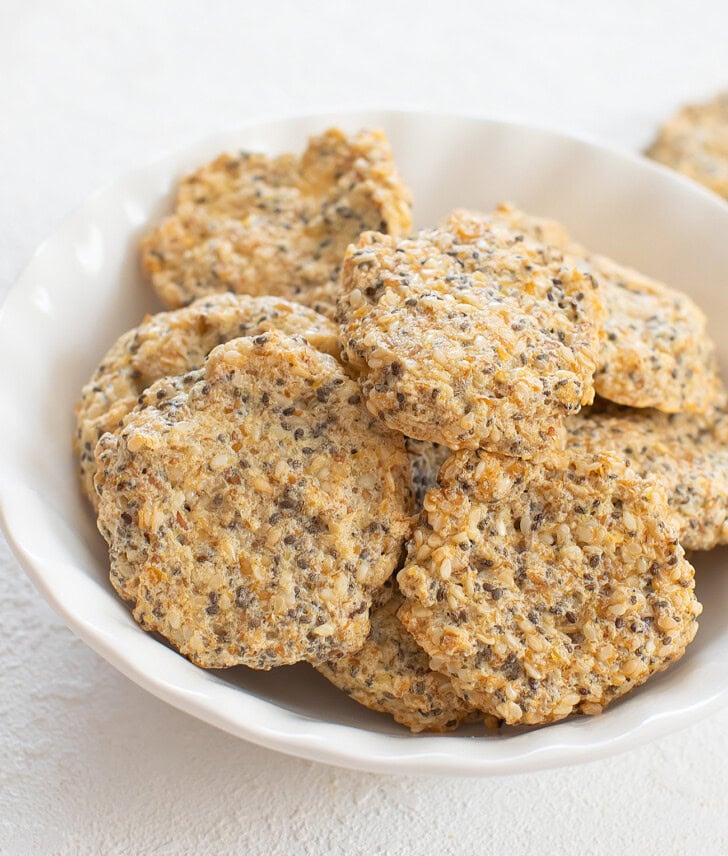 Seed crackers in a white bowl